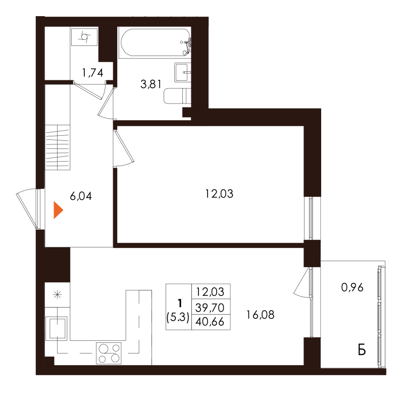 2-комнатная (Евро) квартира, 40.66 м² - планировка, фото №1