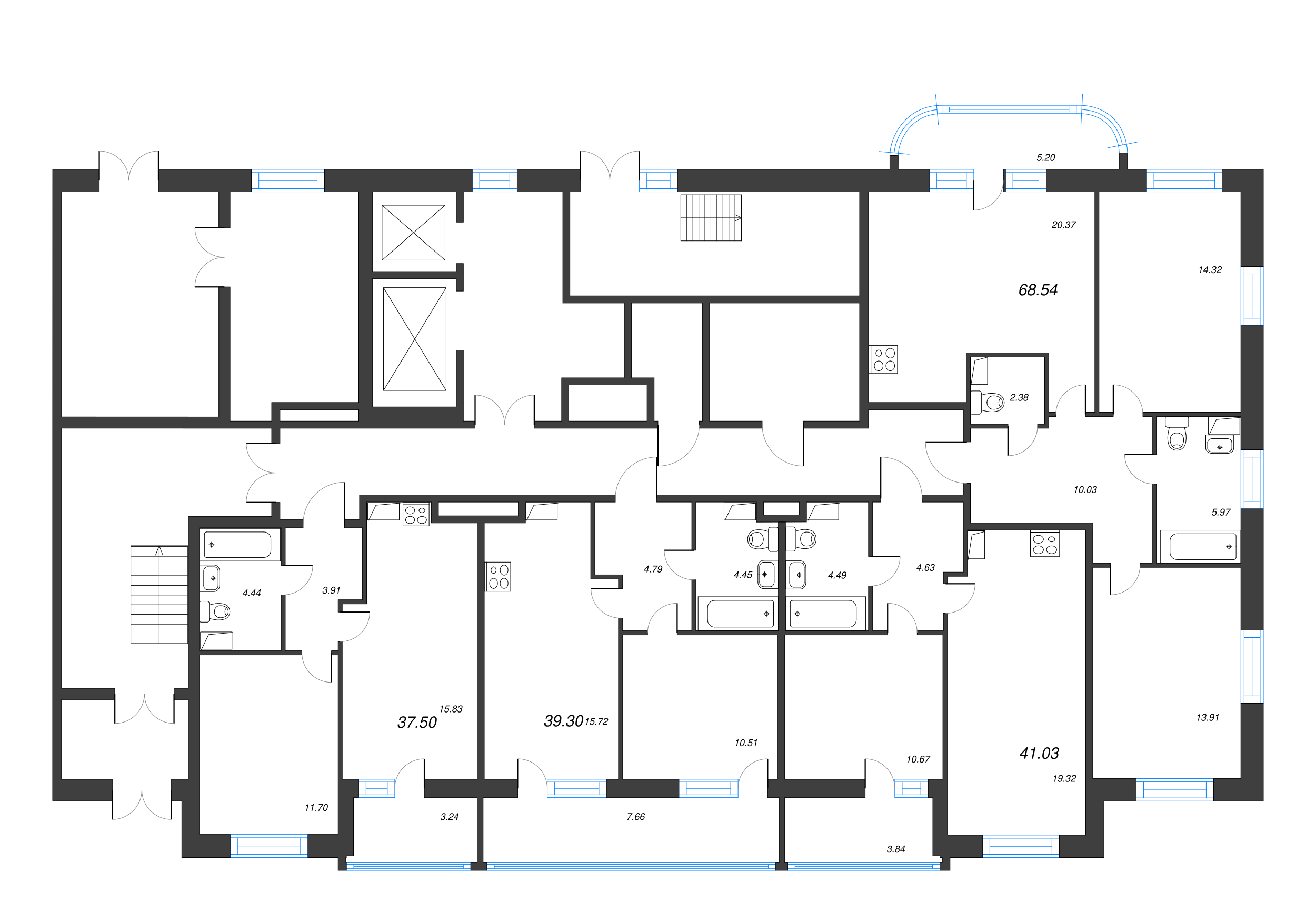 2-комнатная (Евро) квартира, 41.03 м² - планировка этажа