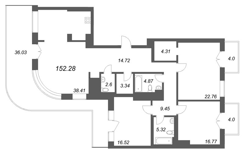4-комнатная (Евро) квартира, 152.28 м² в ЖК "Фонтанка 130" - планировка, фото №1