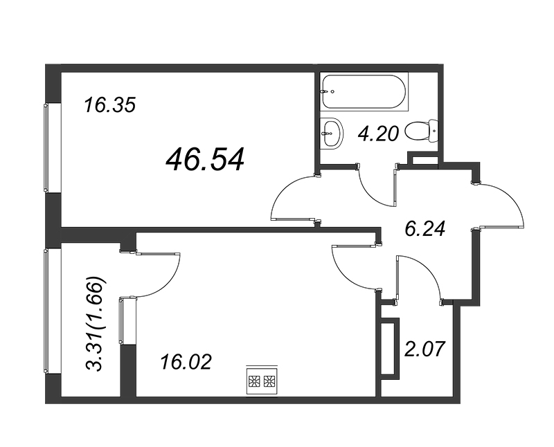 1-комнатная квартира, 46.8 м² - планировка, фото №1
