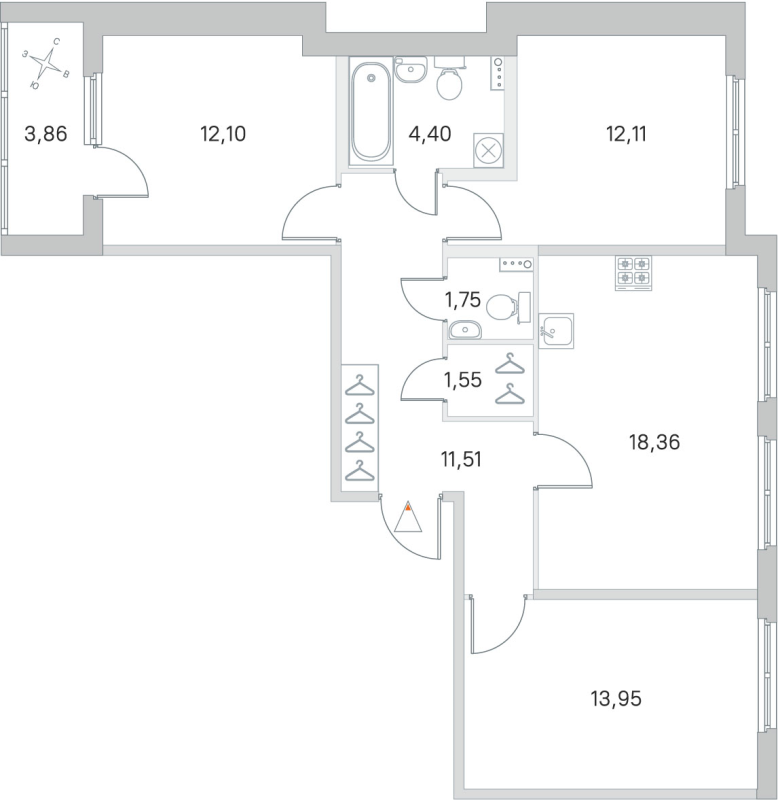 4-комнатная (Евро) квартира, 75.73 м² в ЖК "Любоград" - планировка, фото №1