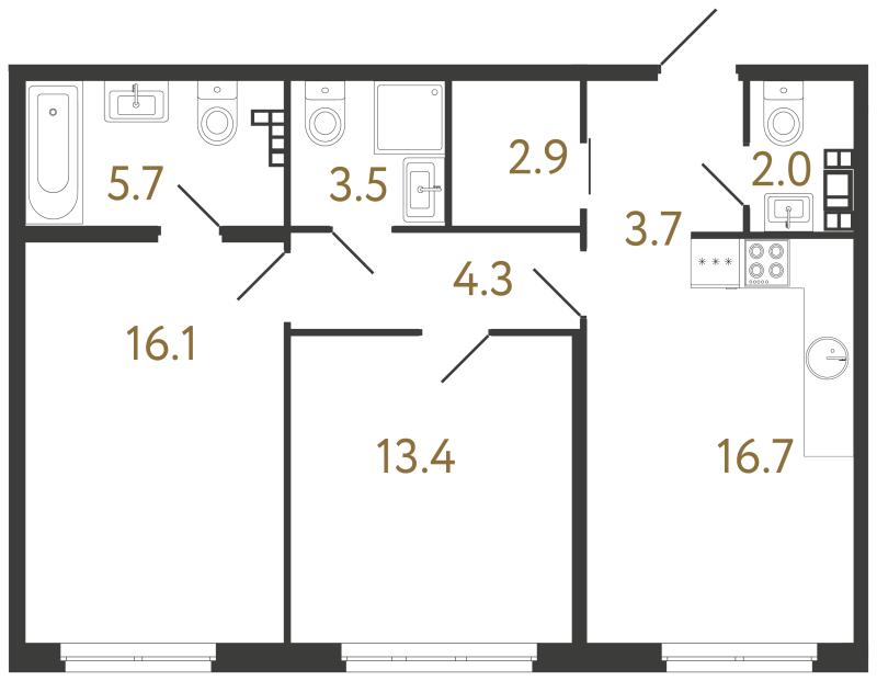 3-комнатная (Евро) квартира, 68.3 м² в ЖК "Визионер" - планировка, фото №1