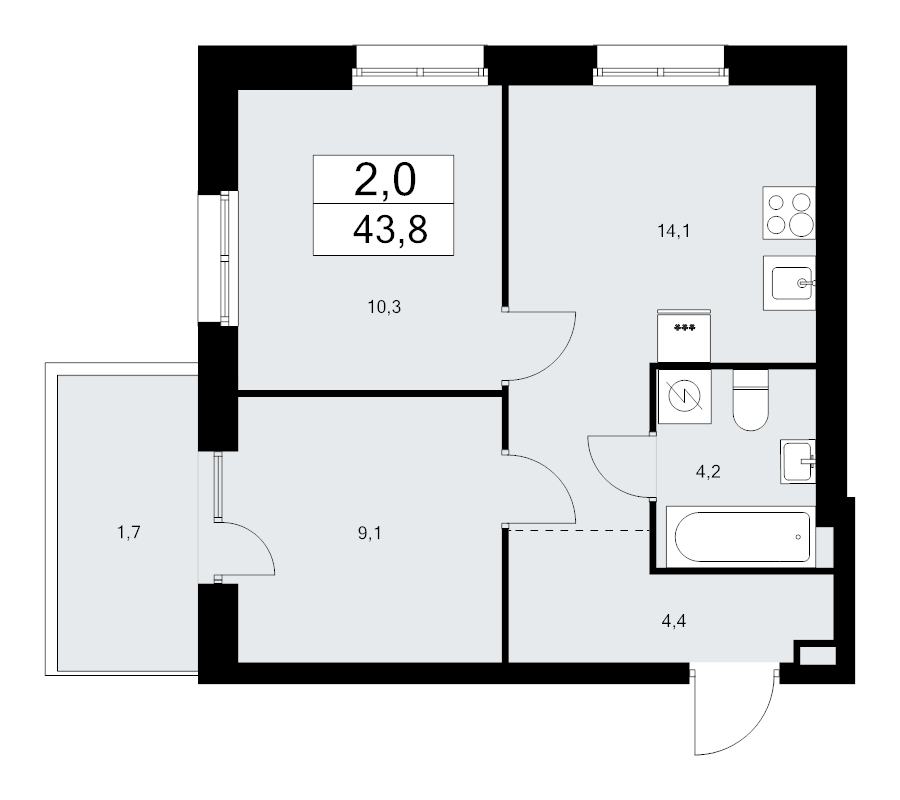 2-комнатная квартира, 43.8 м² - планировка, фото №1