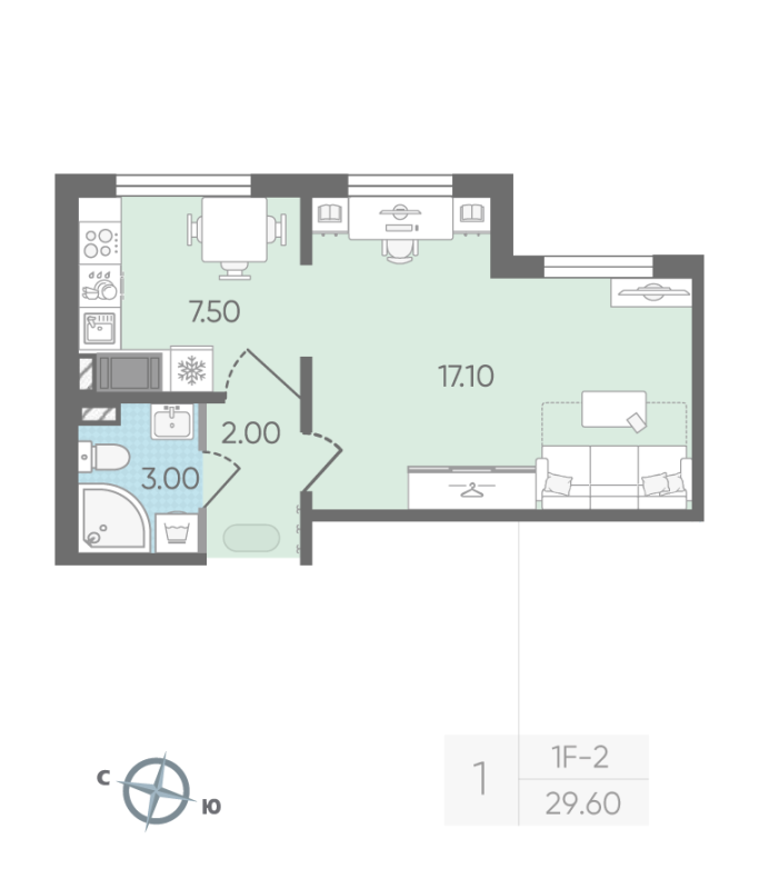 1-комнатная квартира, 29.6 м² - планировка, фото №1