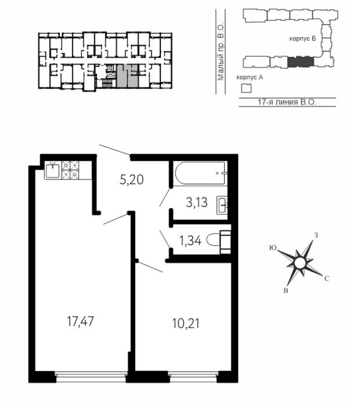 2-комнатная (Евро) квартира, 37.35 м² в ЖК "17-я линия" - планировка, фото №1
