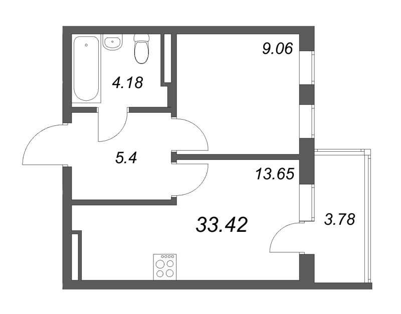 1-комнатная квартира, 33.42 м² в ЖК "Новая история" - планировка, фото №1