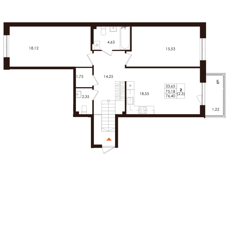 3-комнатная (Евро) квартира, 76.4 м² в ЖК "Лисино" - планировка, фото №1