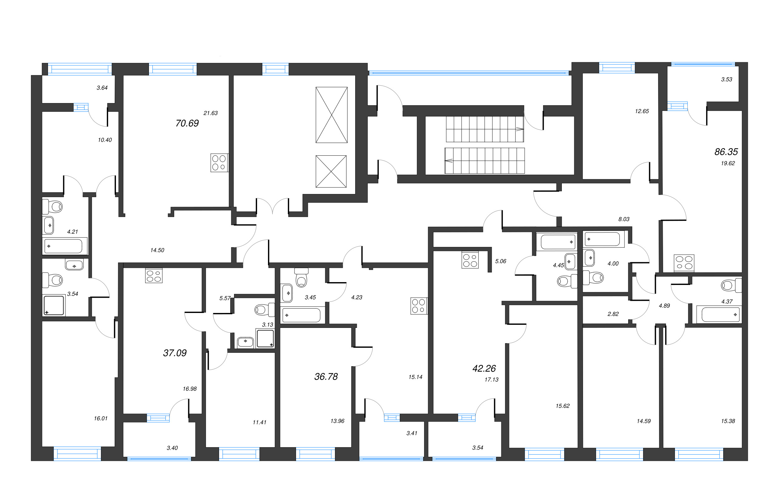 4-комнатная (Евро) квартира, 86.35 м² - планировка этажа