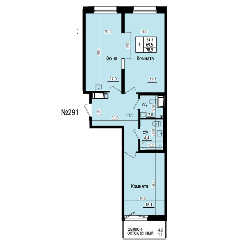 3-комнатная (Евро) квартира, 70.9 м² в ЖК "ПРАГМА СИТИ" - планировка, фото №1