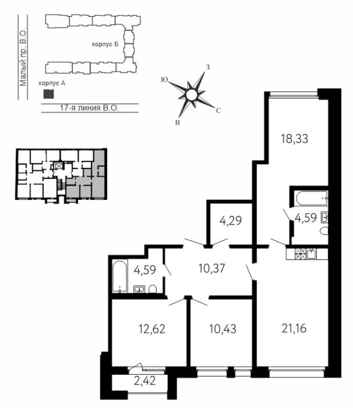 4-комнатная (Евро) квартира, 87.07 м² в ЖК "17-я линия" - планировка, фото №1