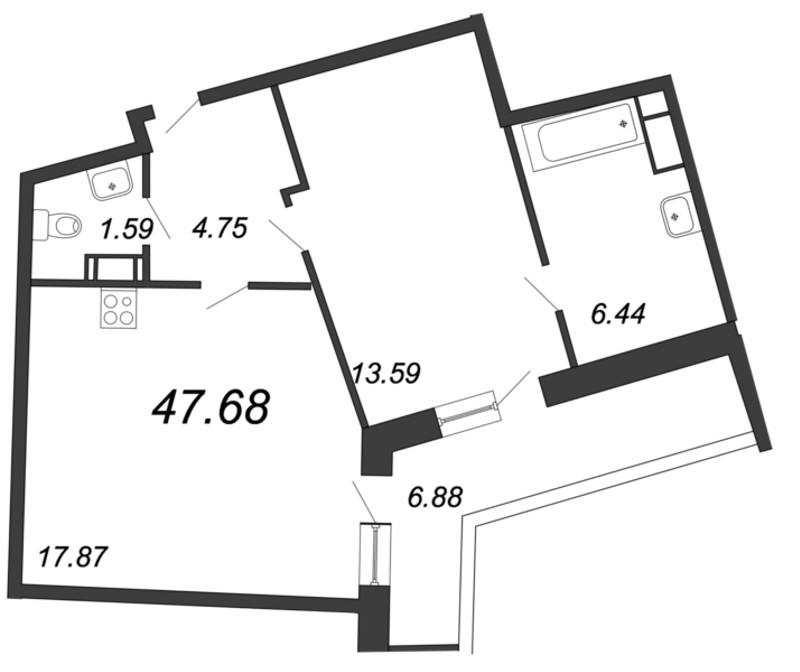 2-комнатная (Евро) квартира, 47.68 м² в ЖК "Ariosto" - планировка, фото №1