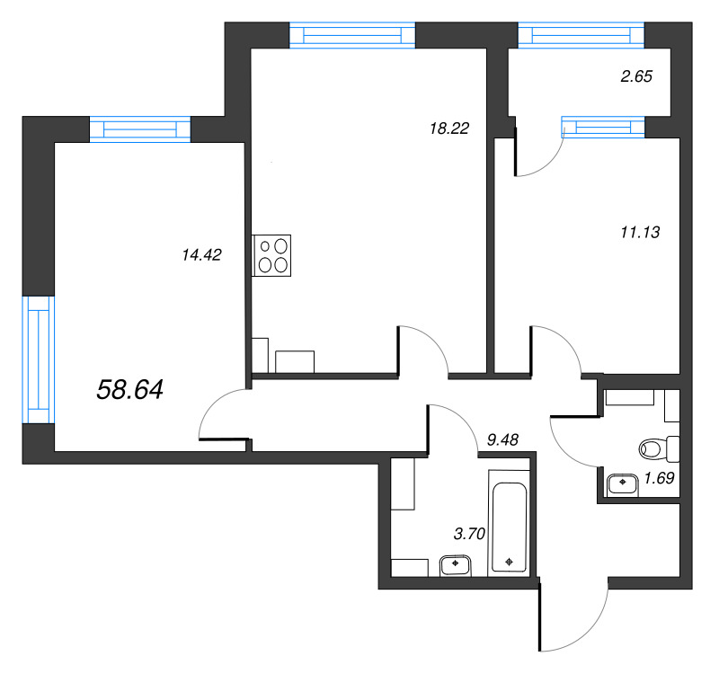 3-комнатная (Евро) квартира, 58.64 м² - планировка, фото №1