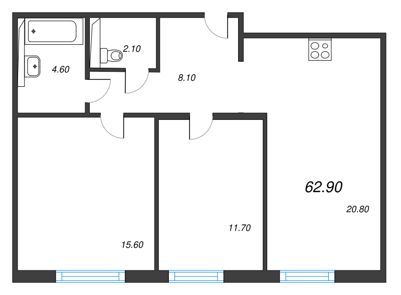 3-комнатная (Евро) квартира, 62.9 м² в ЖК "Руднева 15" - планировка, фото №1