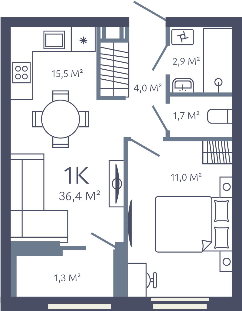 2-комнатная (Евро) квартира, 36.4 м² в ЖК "Лендлер" - планировка, фото №1