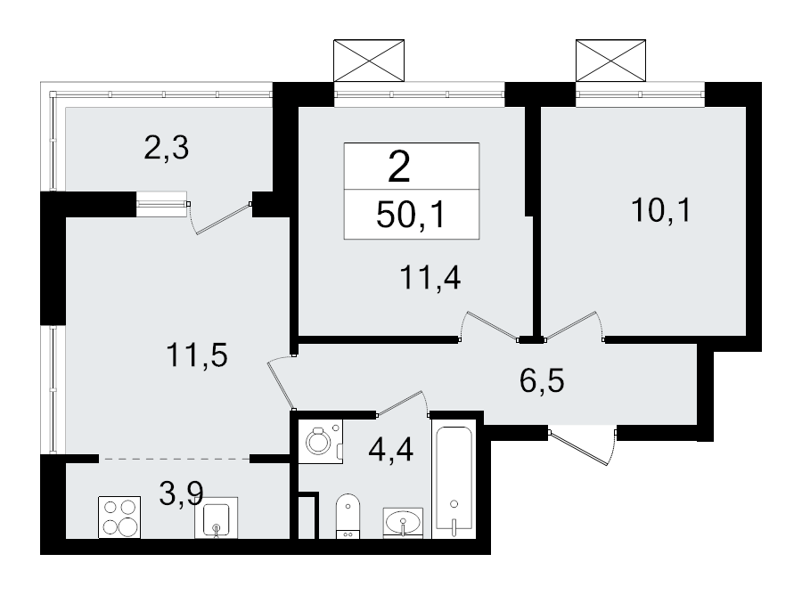 3-комнатная (Евро) квартира, 50.1 м² - планировка, фото №1