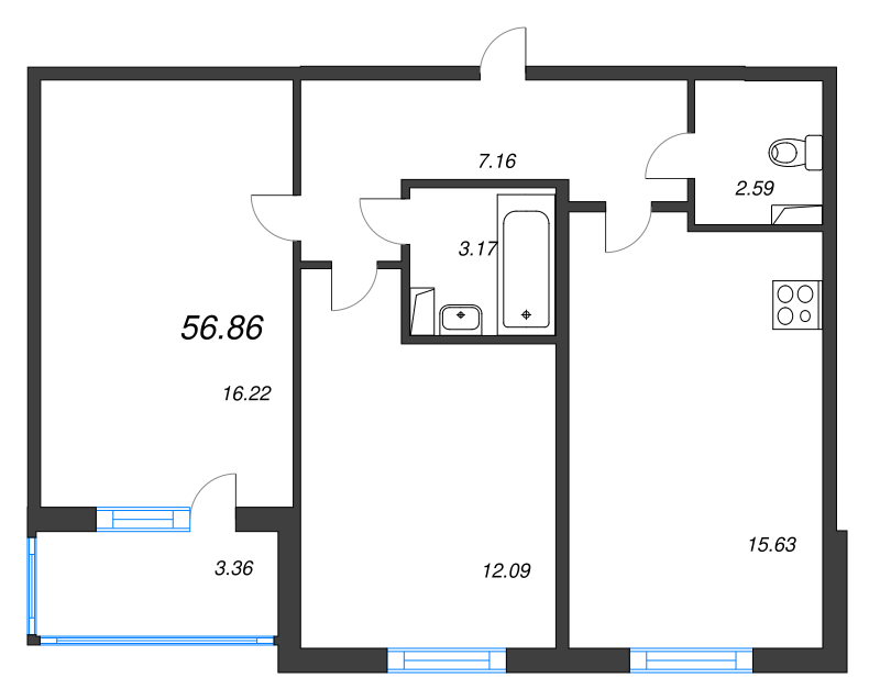 2-комнатная квартира, 56.86 м² - планировка, фото №1