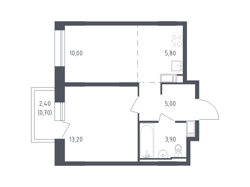 2-комнатная (Евро) квартира, 38.6 м² в ЖК "Курортный Квартал" - планировка, фото №1