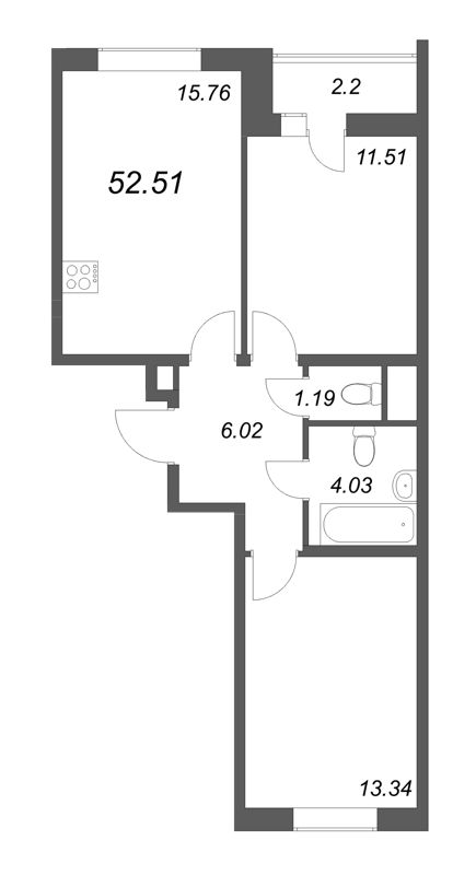 3-комнатная (Евро) квартира, 52.51 м² в ЖК "Южный форт" - планировка, фото №1