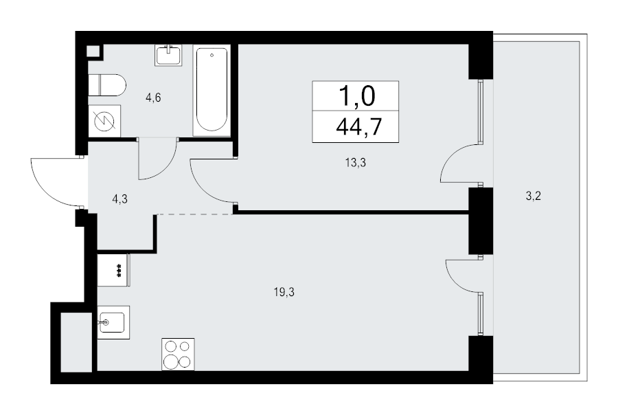 2-комнатная (Евро) квартира, 44.7 м² - планировка, фото №1