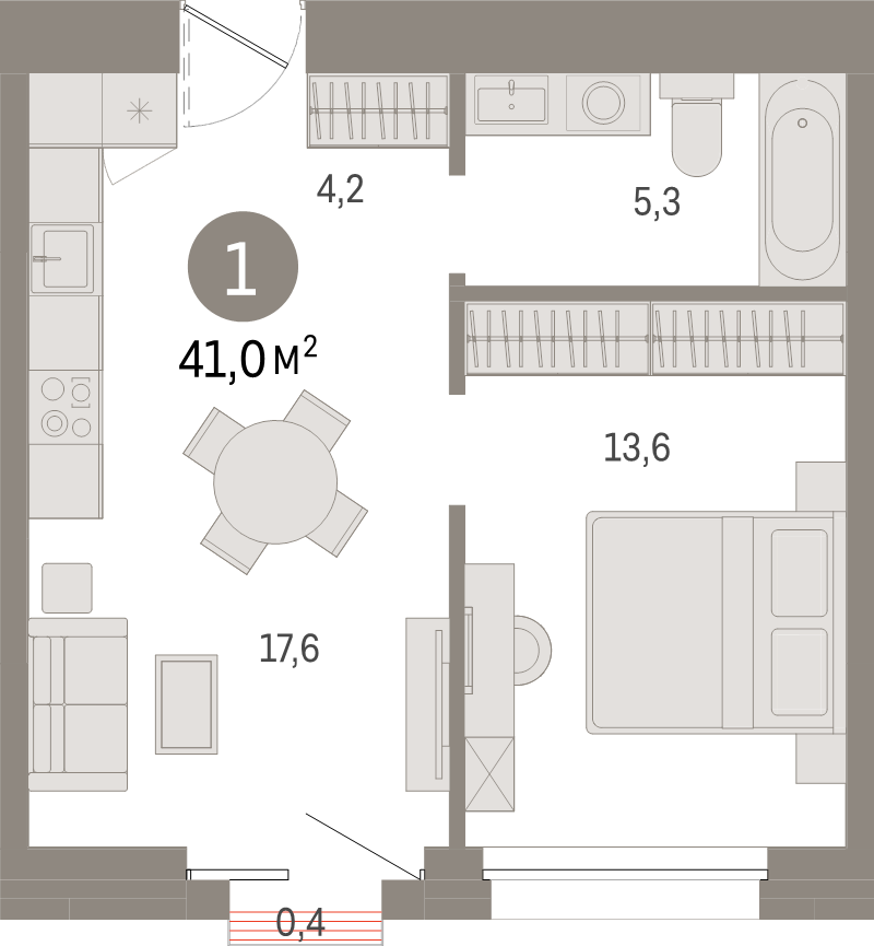 2-комнатная (Евро) квартира, 41 м² в ЖК "Северный ветер" - планировка, фото №1