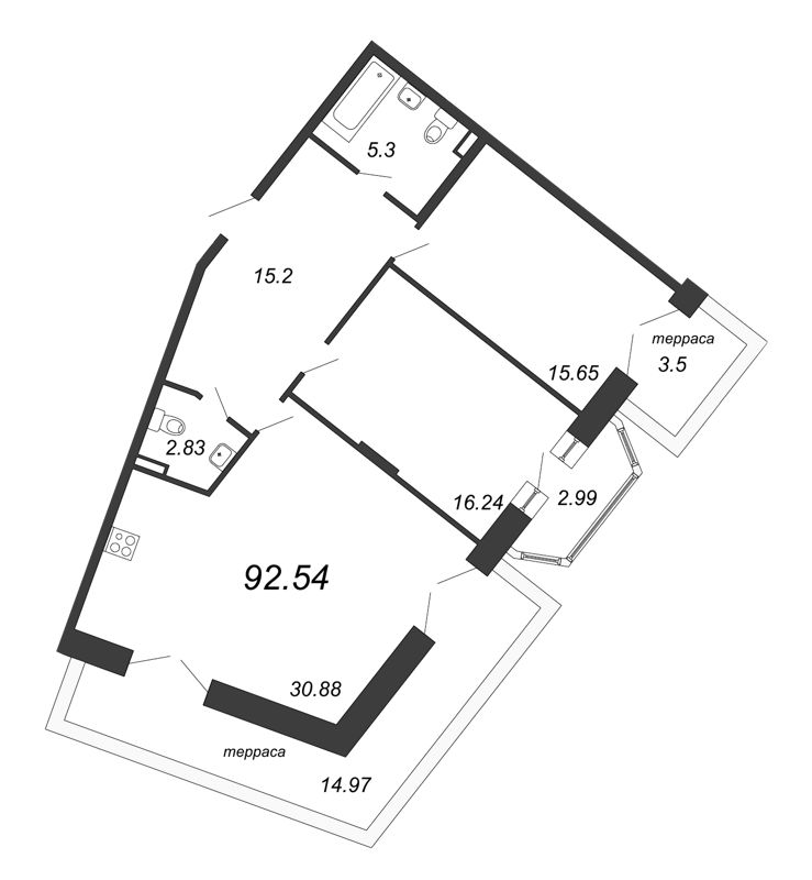 3-комнатная (Евро) квартира, 92.54 м² в ЖК "Ariosto" - планировка, фото №1
