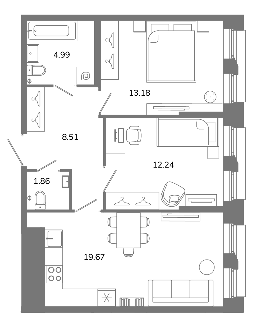 3-комнатная (Евро) квартира, 60.45 м² в ЖК "Твой космос" - планировка, фото №1