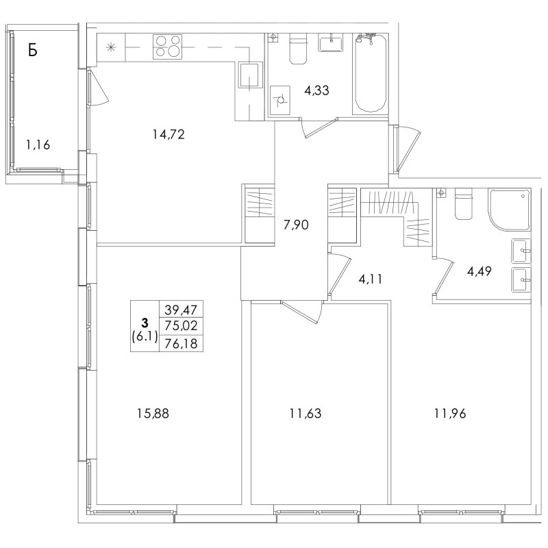 3-комнатная квартира, 76.18 м² - планировка, фото №1