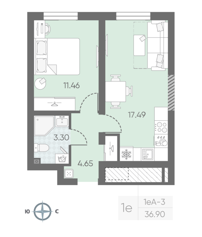 1-комнатная квартира, 36.9 м² в ЖК "Морская миля" - планировка, фото №1