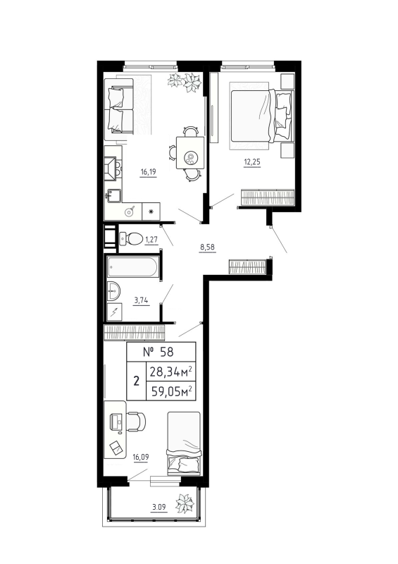 3-комнатная (Евро) квартира, 59.05 м² - планировка, фото №1