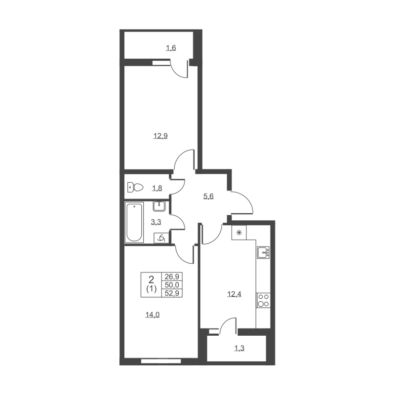 2-комнатная квартира, 52.9 м² - планировка, фото №1