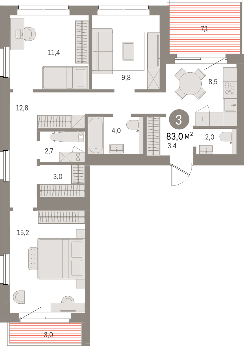 3-комнатная квартира, 83 м² в ЖК "Северный ветер" - планировка, фото №1