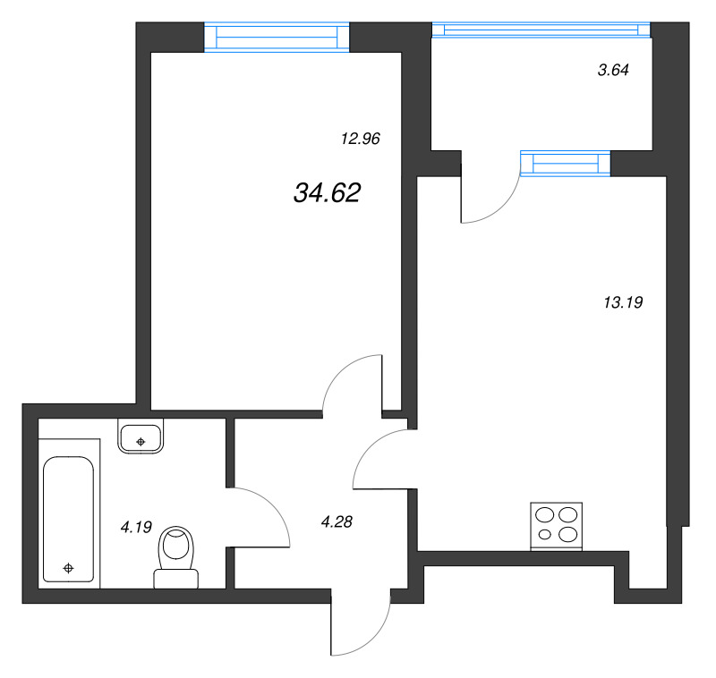 1-комнатная квартира, 34.62 м² в ЖК "Любоград" - планировка, фото №1