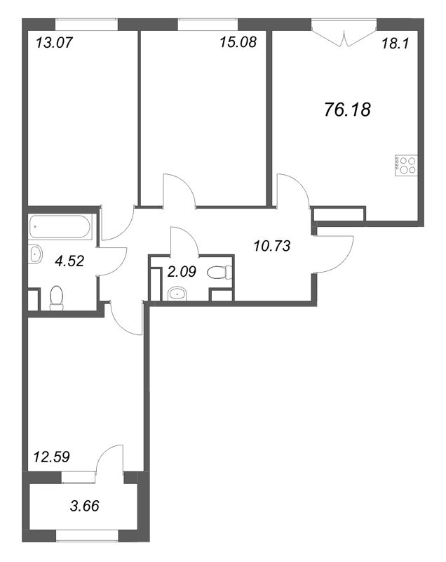4-комнатная (Евро) квартира, 76.18 м² в ЖК "Дубровский" - планировка, фото №1