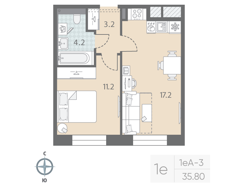 2-комнатная (Евро) квартира, 35.8 м² в ЖК "Большая Охта" - планировка, фото №1