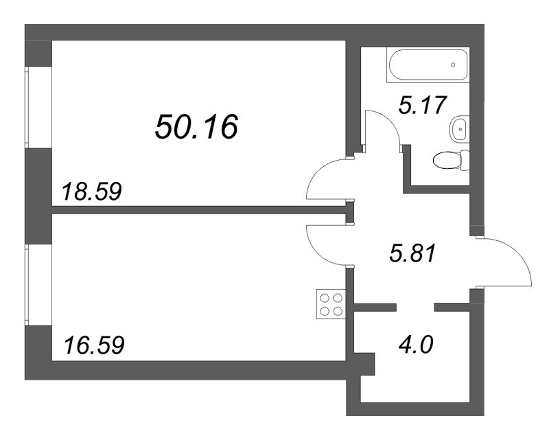 2-комнатная (Евро) квартира, 50.16 м² в ЖК "Фонтанка 130" - планировка, фото №1