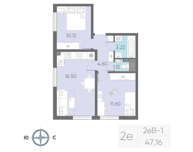 3-комнатная (Евро) квартира, 47.16 м² в ЖК "Морская миля" - планировка, фото №1