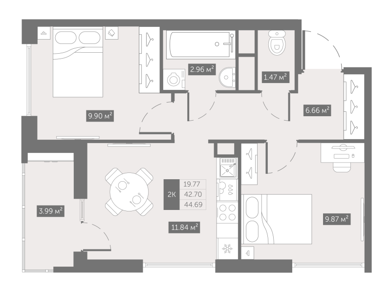 2-комнатная квартира, 44.69 м² в ЖК "UP-квартал Новый Московский" - планировка, фото №1