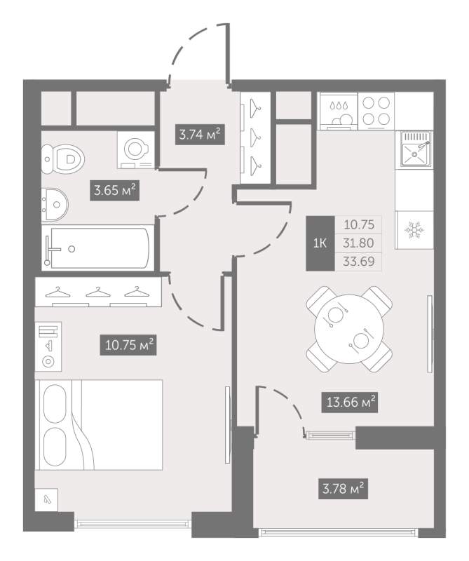 1-комнатная квартира, 33.69 м² - планировка, фото №1