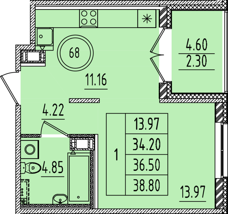 1-комнатная квартира, 34.2 м² в ЖК "Образцовый квартал 14" - планировка, фото №1