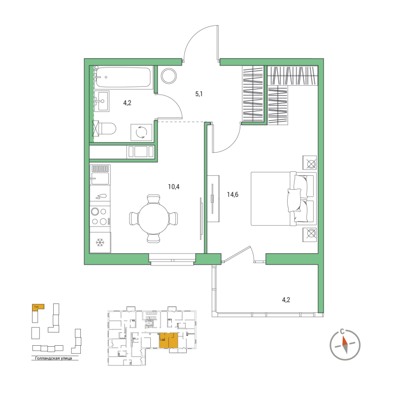 1-комнатная квартира, 35.6 м² в ЖК "Янила Форест" - планировка, фото №1