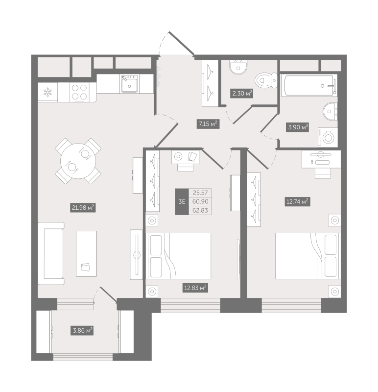 3-комнатная (Евро) квартира, 62.83 м² - планировка, фото №1
