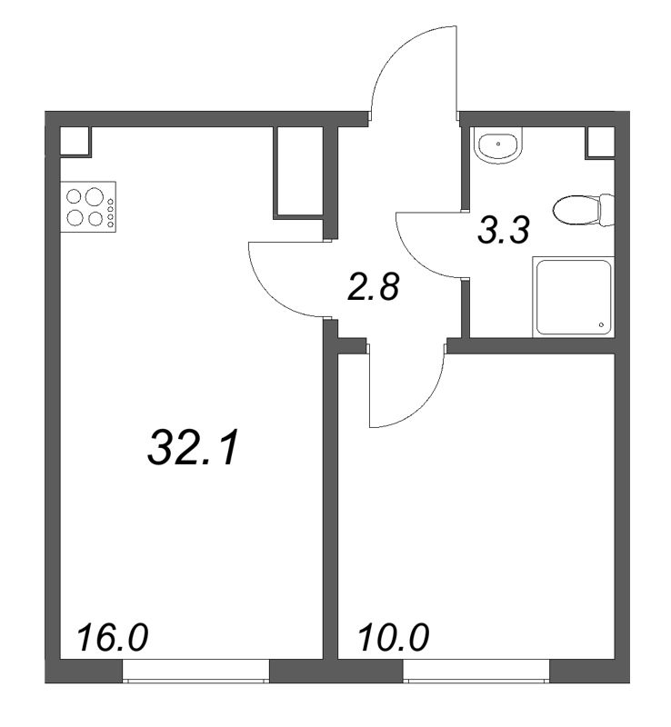 2-комнатная (Евро) квартира, 33.1 м² в ЖК "ЛСР. Ржевский парк" - планировка, фото №1