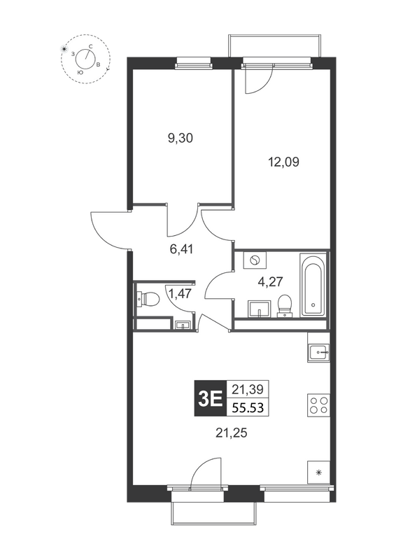 3-комнатная (Евро) квартира, 55.53 м² в ЖК "Слобода" - планировка, фото №1