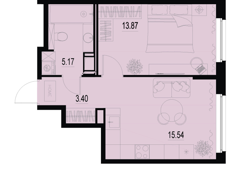 2-комнатная (Евро) квартира, 37.98 м² в ЖК "ID Murino III" - планировка, фото №1