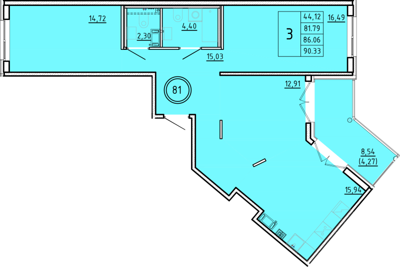 3-комнатная (Евро) квартира, 81.79 м² - планировка, фото №1