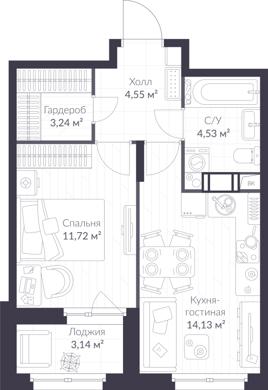 1-комнатная квартира, 39.74 м² в ЖК "VEREN NORT сертолово" - планировка, фото №1