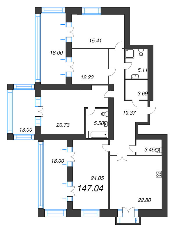 4-комнатная квартира, 144.3 м² в ЖК "Листва" - планировка, фото №1