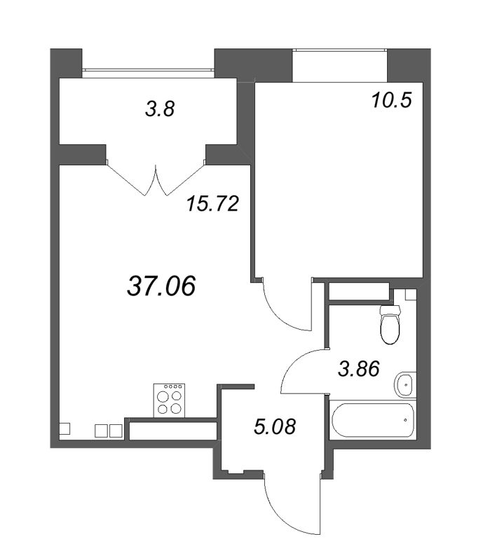 2-комнатная (Евро) квартира, 37.06 м² - планировка, фото №1