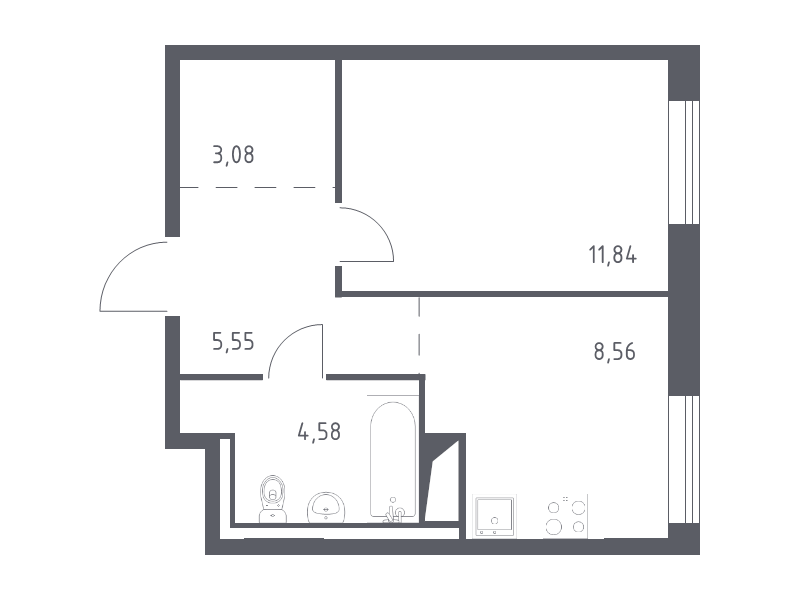 1-комнатная квартира, 33.61 м² - планировка, фото №1