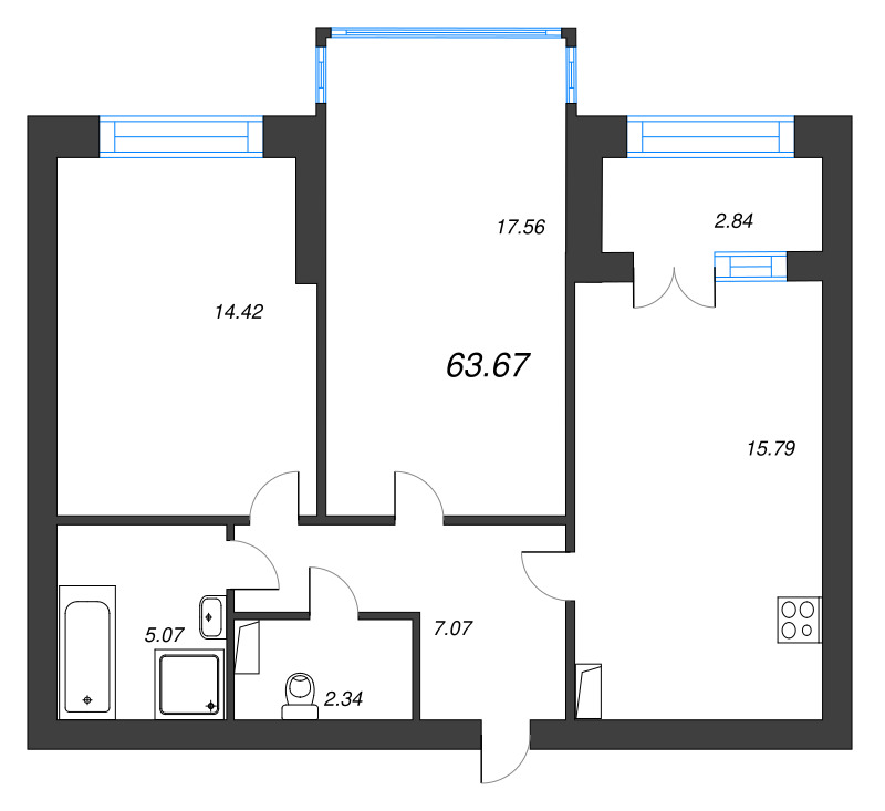 3-комнатная (Евро) квартира, 67.4 м² в ЖК "Наука" - планировка, фото №1